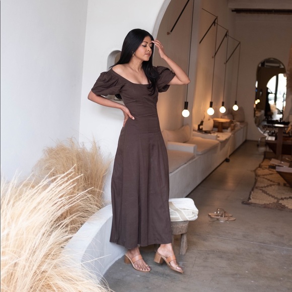Puff Sleeve Midi Dress Dark Brown 